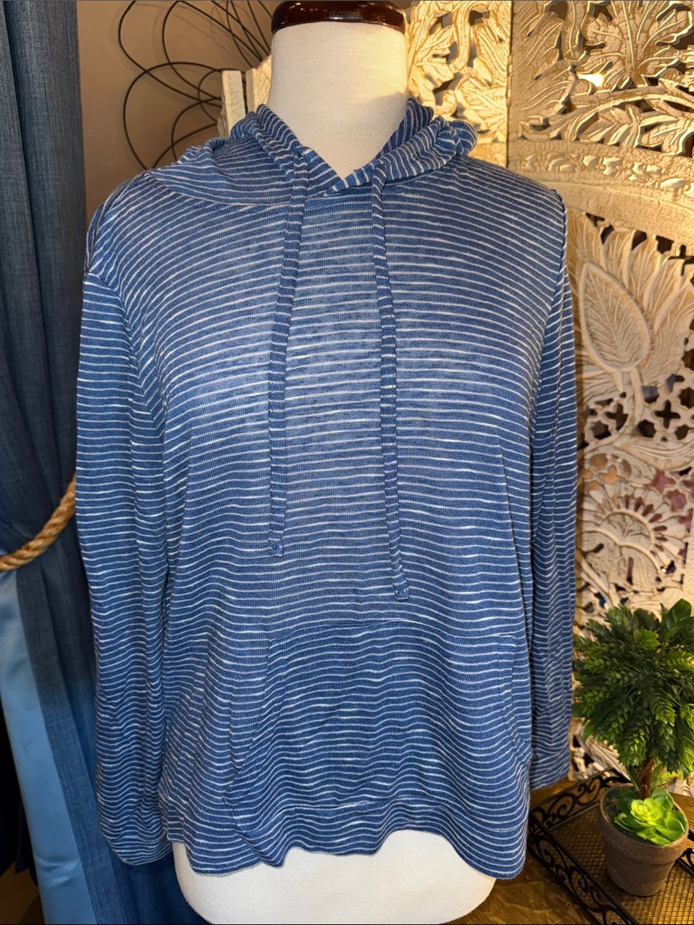 Striped Blue Hooded Pullover Sweatshirt